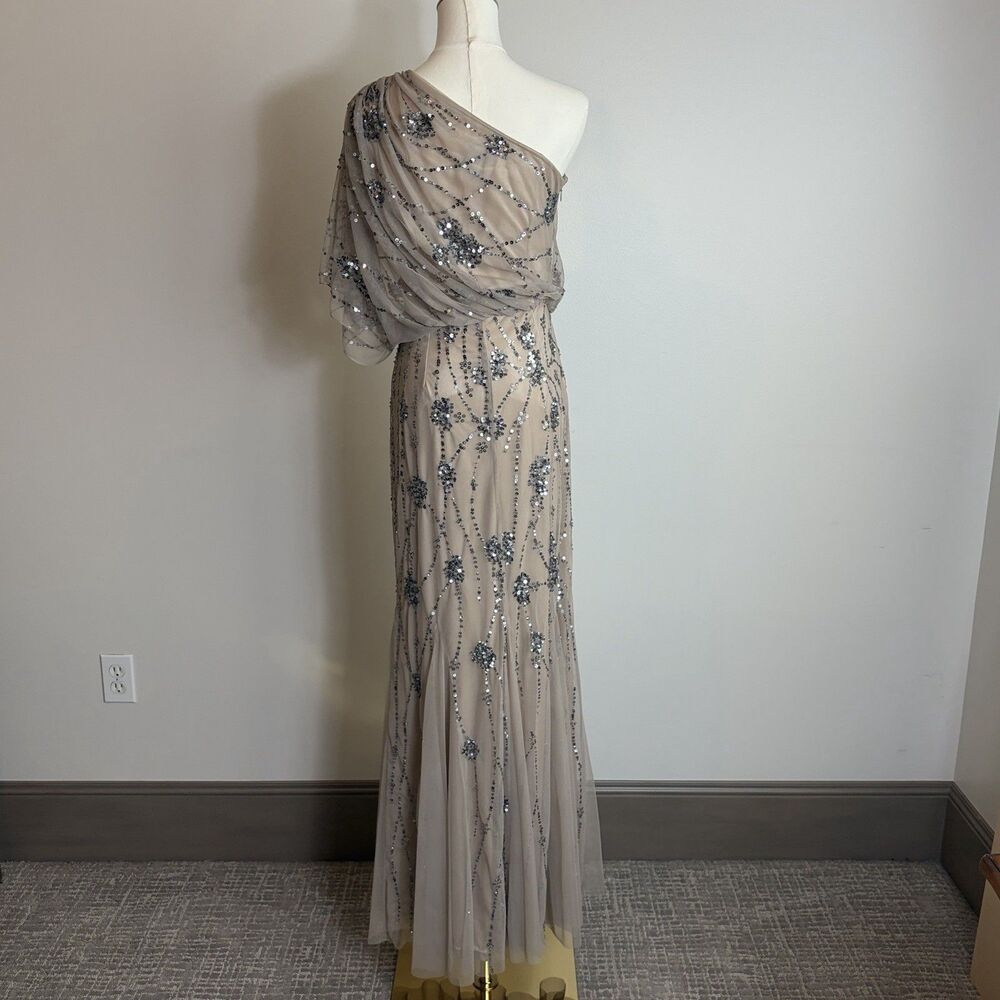 Beige/Silver Sequin Tulle Mesh One Shoulder Long Gown Lines Sz 2 Flaws Read